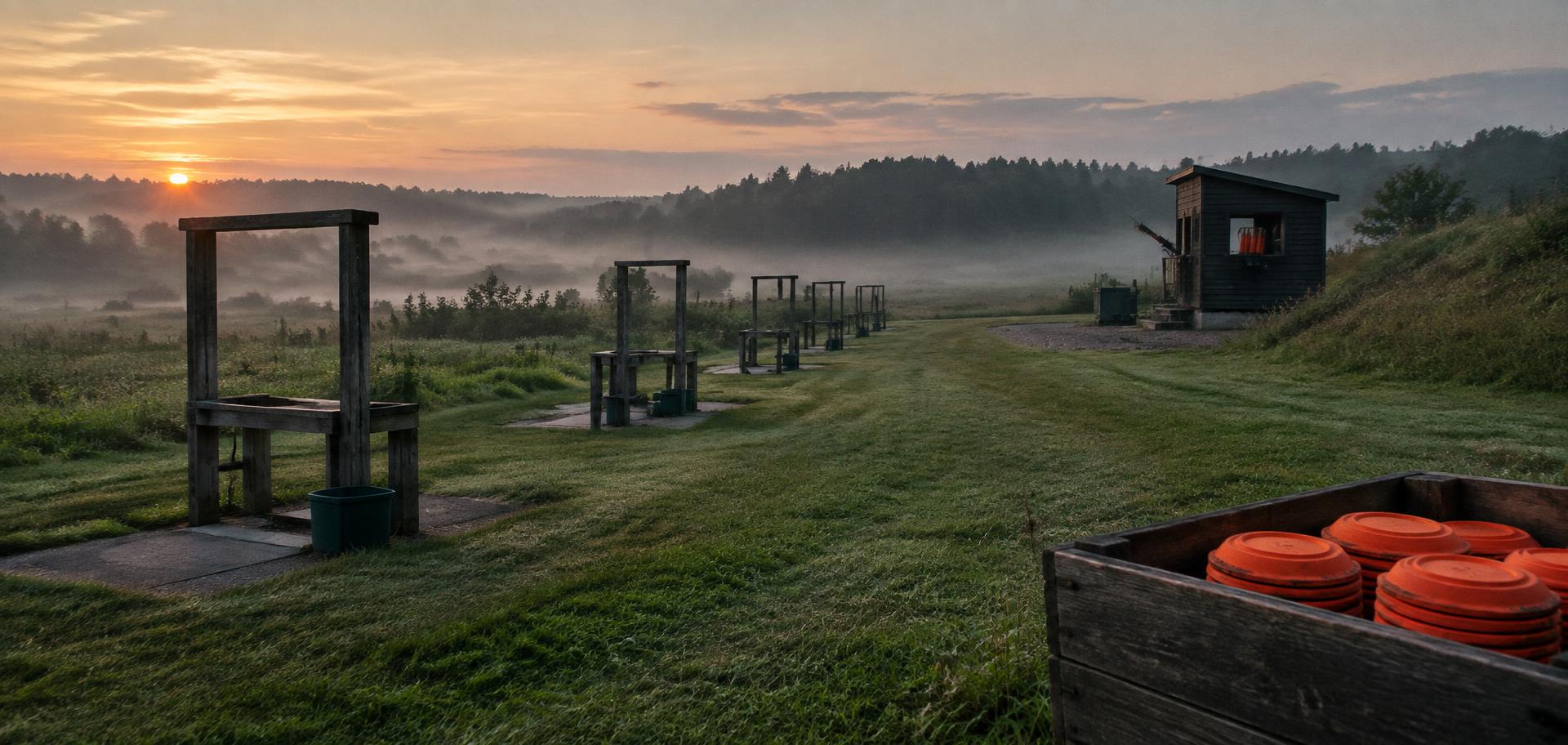Empty sporting clays course at dawn with wooden stations along a mown path and a crate of orange targets