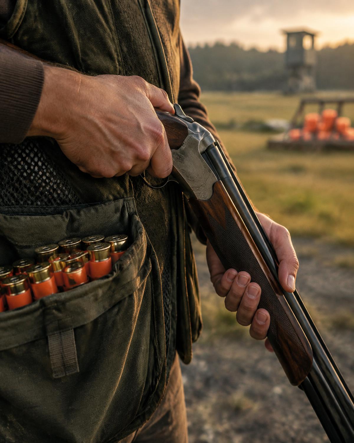 Close-up of a competitor's hands on an over-under shotgun, vest pocket filled with orange shells