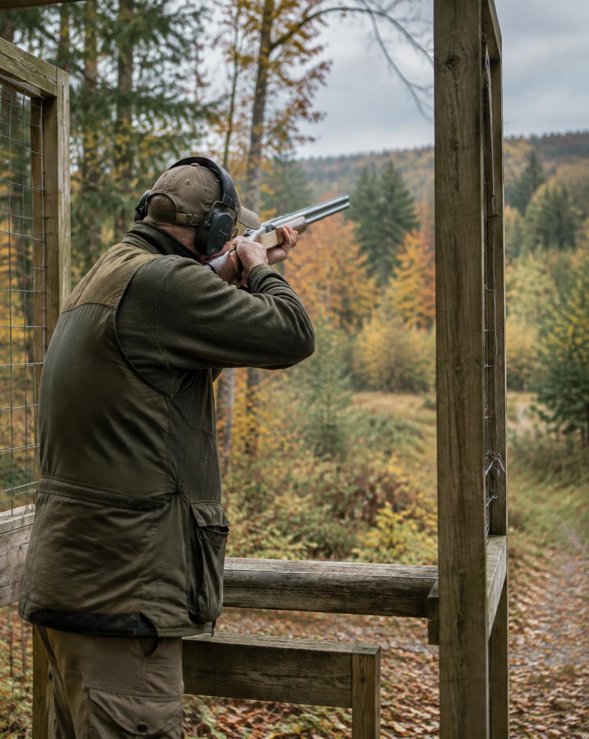 Competitor in a wooden shooting stand, gun mounted, facing an autumn woodland course